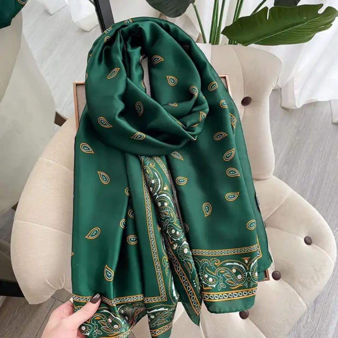 Elegant Green Paisley Silk Satin Scarf