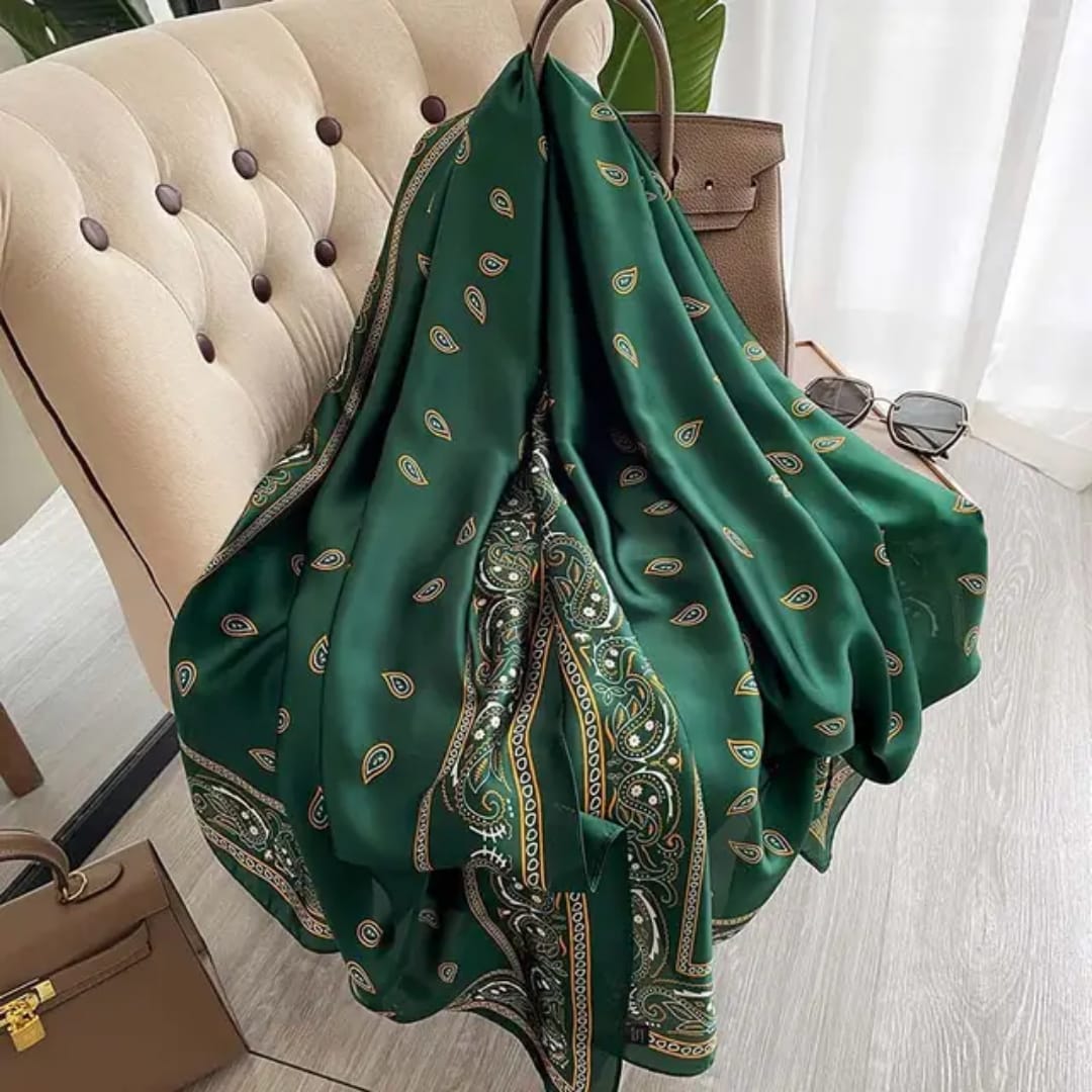Elegant Green Paisley Silk Satin Scarf