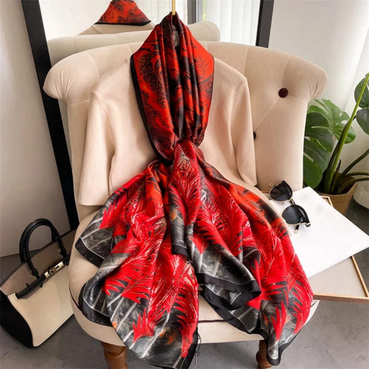 Elegant Red & Black Abstract Satin Silk Scarf